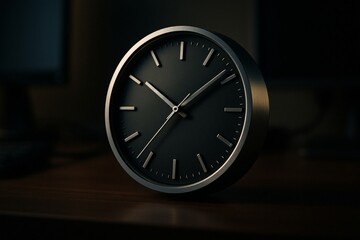 Minimalist modern clock on a desk in dim ambient lighting, showing time with clean, silver hands.
