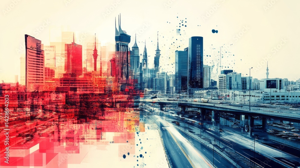 Aufkleber abstract cityscape featuring modern architecture with a vibrant split color scheme