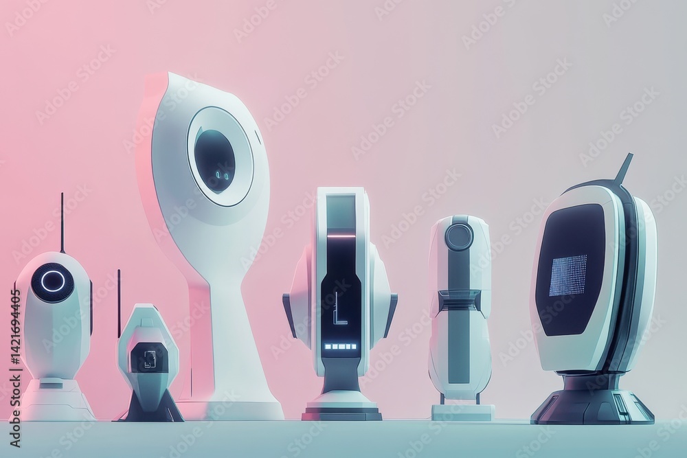 Poster various futuristic robots displayed on a clean surface with soft lighting