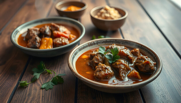Amala and Ewedu with Assorted meat Stew in ceramic bowls on a wooden surface, Flatlay perspective, dreamy atmosphere. White tone