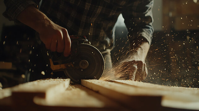 Carpenter Using Circular Saw to Cut Wood