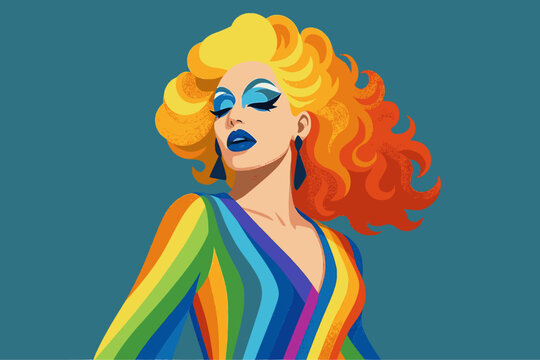 Fictional Drag Queen: Man dressed up as a woman on vibrantly coloured background, performance art, concept for coming out day, lgbt history month, lgbtqa+ history month or pride history month