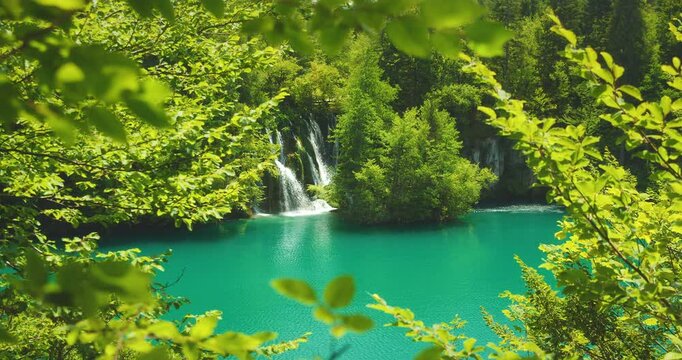 Summer view of lush green trees and turquoise lake in Plitvice Lakes National Park