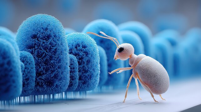 14. Close up of a micro sized robot interacting with a silicon surface at the nanoscale, capturing the complexity of nanotechnology in action against a glowing blue background