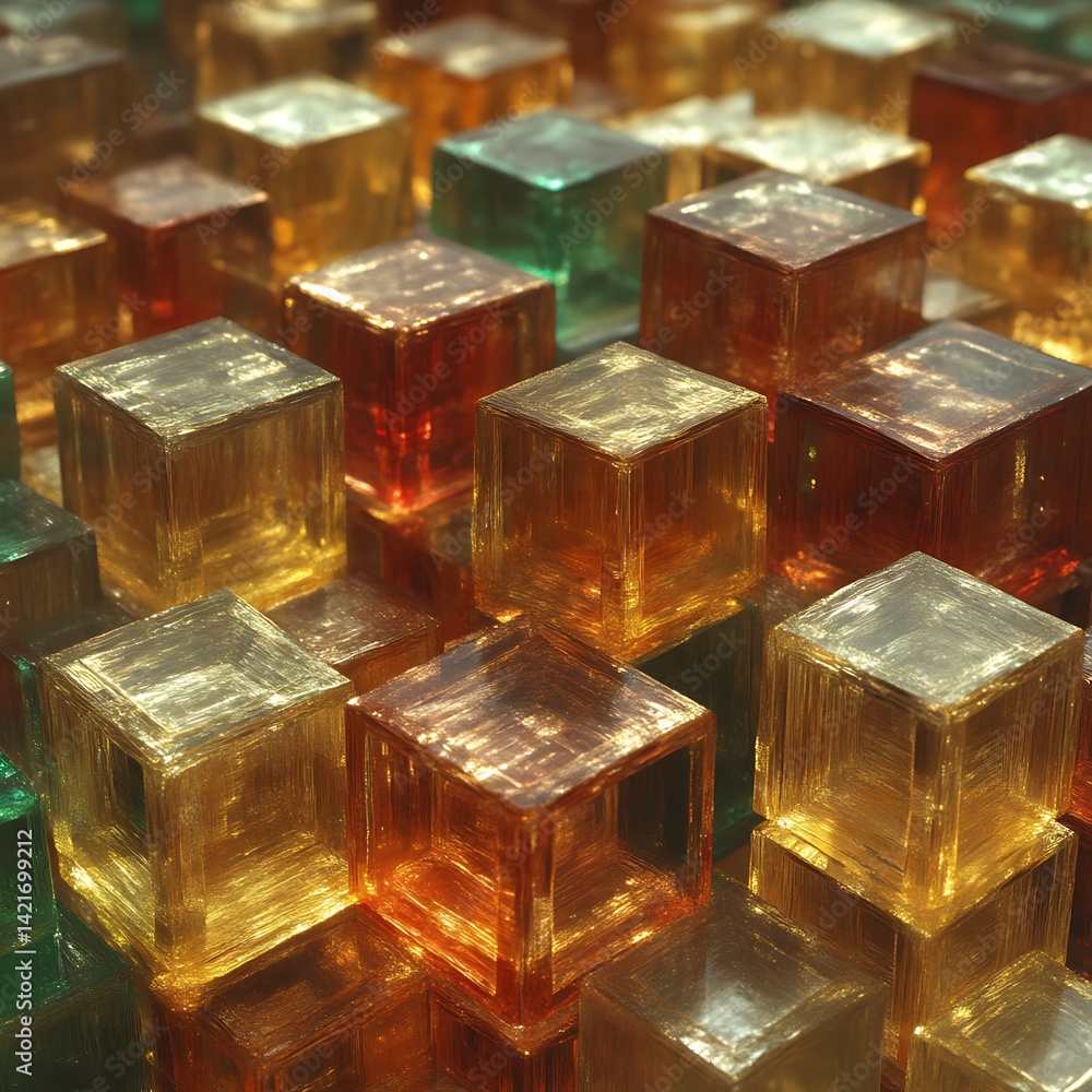 Poster abstract geometric pattern of translucent cubes in warm colors