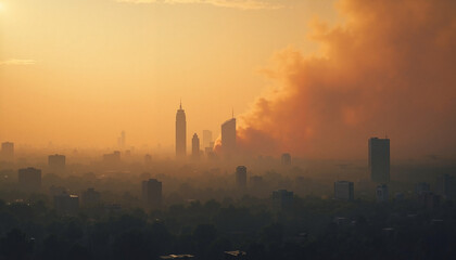 Urban skyline engulfed by smoke during sunset  