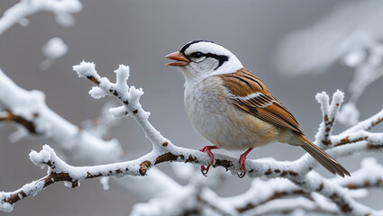 Beautiful White Crowned Sparrow Perched On A Frosty Branch In Winter