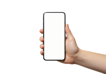 Hand holding modern smartphone with blank screen isolated on white. Great for mobile apps, technology, communication, display, UI, and digital concepts.

