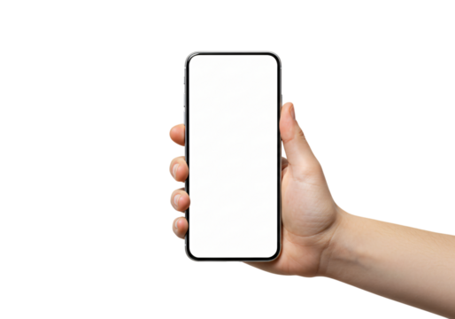 Hand holding modern smartphone with blank screen isolated on white. Great for mobile apps, technology, communication, display, UI, and digital concepts.

