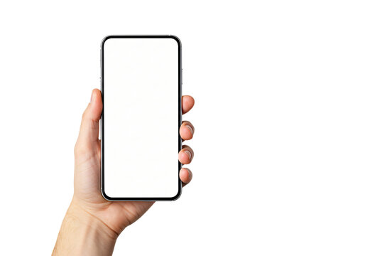 Hand holding modern smartphone with blank screen isolated on white. Great for mobile apps, technology, communication, display, UI, and digital concepts.

 - Powered by Adobe