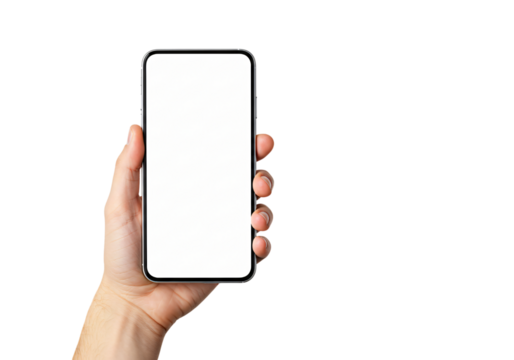 Hand holding modern smartphone with blank screen isolated on white. Great for mobile apps, technology, communication, display, UI, and digital concepts.

