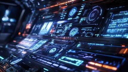 Fototapeta premium Futuristic cockpit dashboard with glowing displays