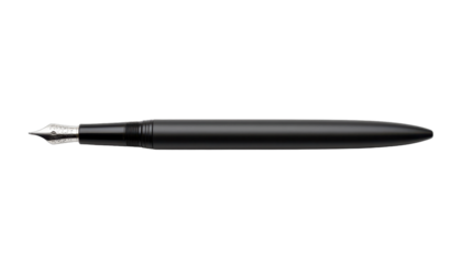 Isolated matte black fountain pen with silver nib top view on transparent PNG for elegant stationery packaging