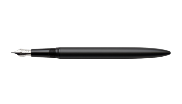 Isolated matte black fountain pen with silver nib top view on transparent PNG for elegant stationery packaging