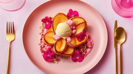 Floral dessert of sweet, golden-brown apple slices arranged in a flower shape, topped with vanilla ice cream, pink sauce and edible flowers