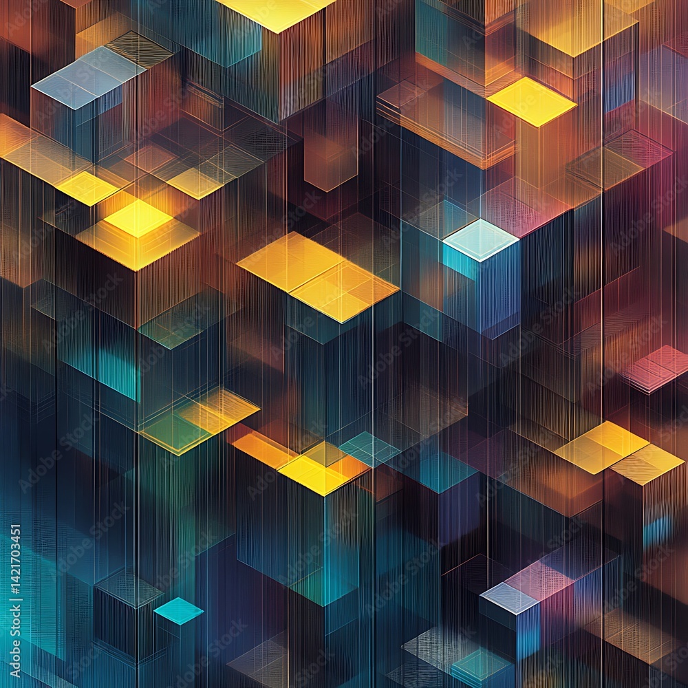 Aufkleber abstract geometric shapes, layered cubes in various vibrant colors, creating a textured visual effec