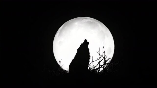 Majestic wolf howls against luminous full moon, black and white. Silhouette wild mystery of nature. Freedom and solitude. Lonely hungry wolf howling. Black background.