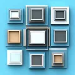 Abstract geometric square frames composition.  A colorful arrangement of layered square frames in various pastel colors against a light blue background, creating a visually appealing and modern design