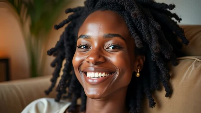 portrait of a young black woman with dreadlocks smiling at home in a  cozy and warm ambient