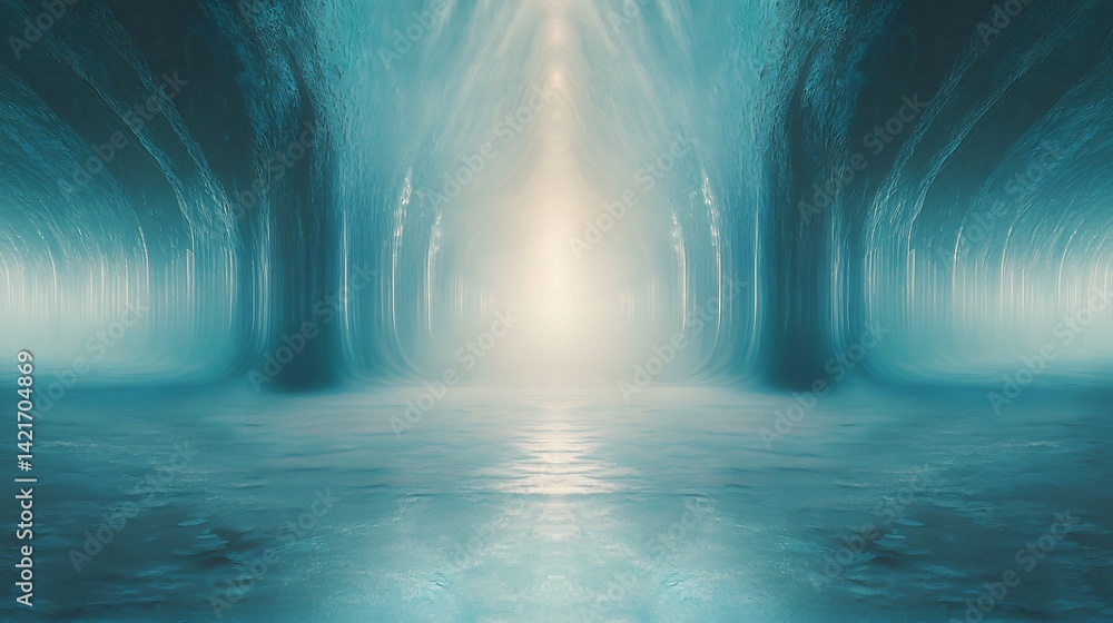 Poster enigmatic forest with ethereal light emanating from the center surrounded by mist and atmospheric de
