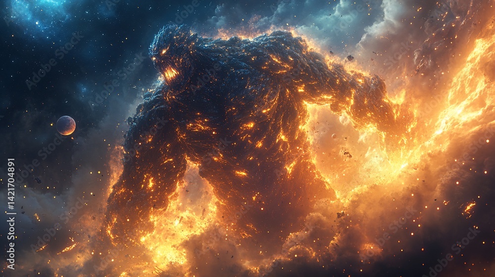 Poster cosmic entity emerges from nebula: a vision of power and fiery light