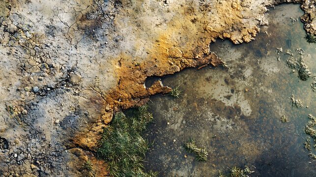 91. Dried riverbed texture with photorealistic sediment patterns and organic residue