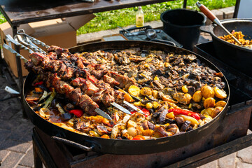 Grilled Meat Skewers and Roasted Vegetables on Open Fire
