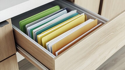 Organization and Efficiency, Colorful File Folders in an Open Cabinet Drawer