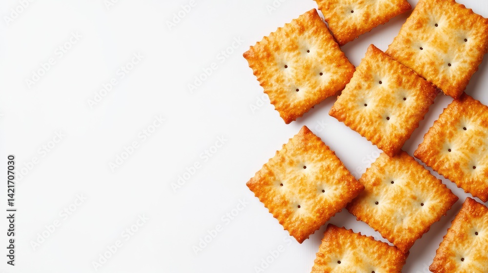 Poster a batch of crispy tomato-flavored crackers neatly arranged in a row with space on the right for prod