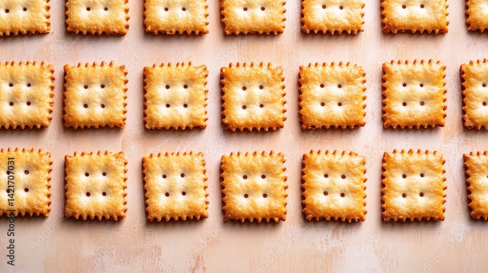 Poster a batch of crispy tomato-flavored crackers neatly arranged in a row with space on the right for prod