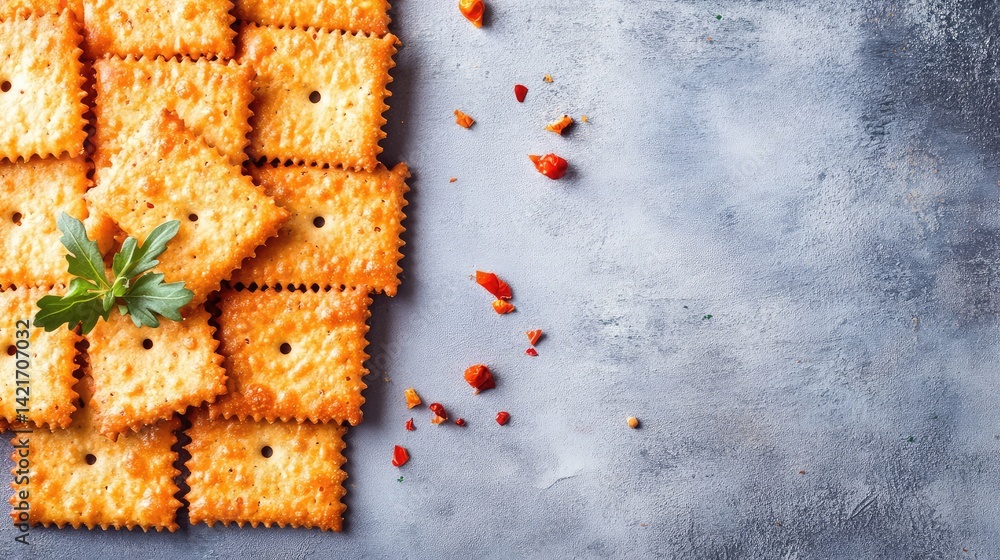 Poster a batch of crispy tomato-flavored crackers neatly arranged in a row with space on the right for prod