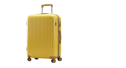 Modern yellow suitcase with wheels isolated on white background. Ideal for travel, vacation, luggage, airport trips, tourism, and packing essentials.


