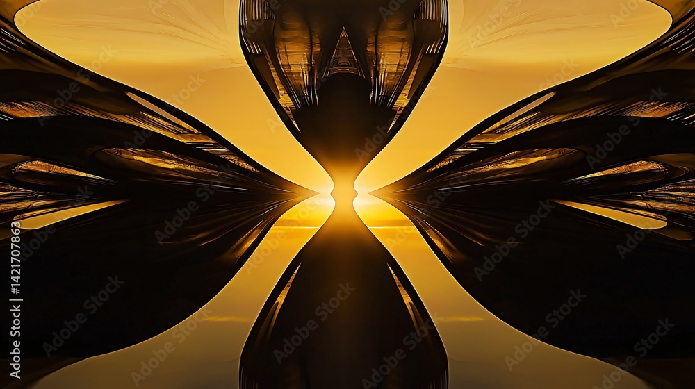 Poster imposing very large building with architectural grandeur and unique design elements set against a dr