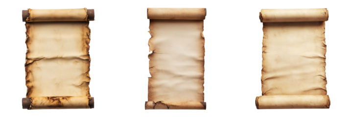 Horizontal arrangement of three aged scrolls on transparent background