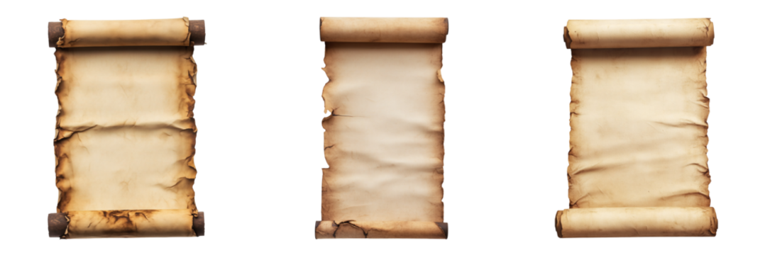 Horizontal arrangement of three aged scrolls on transparent background