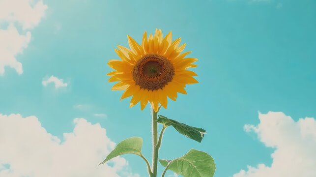A bright yellow sunflower standing tall against a blue sky, symbolizing happiness and positivity, with open space for branding or promotional content