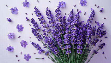 Lavender And Purple Flowers Arrangement On Pale Violet Background Top View