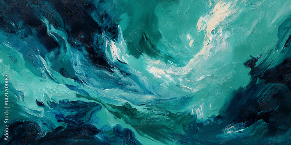 Poster abstract teal and dark blue paint texture, thick brushstrokes creating dynamic movement, showcasing 