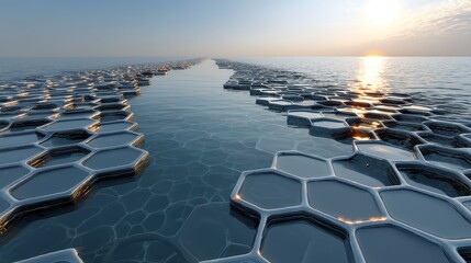 Obraz premium 13. Hexagonal pod array floating in motionless ocean viewed from above with geometric perfection and seamless lines futuristic air capture innovation