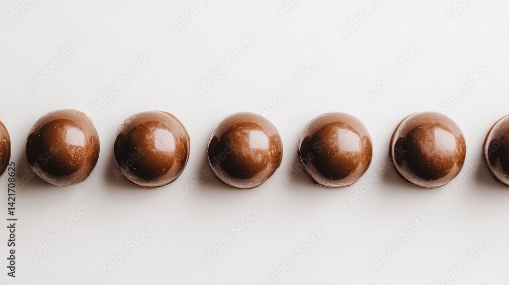 Poster a clean shot of caramel-flavored chocolate truffles arranged in a neat row with plenty of empty spac