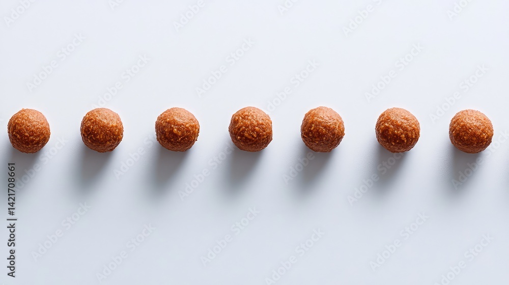 Poster a clean shot of caramel-flavored chocolate truffles arranged in a neat row with plenty of empty spac