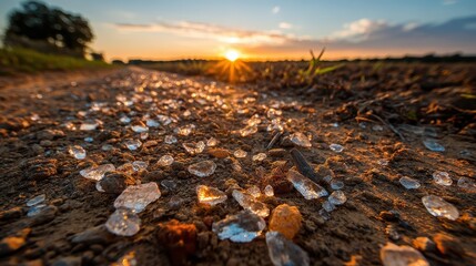 Obraz premium 11. High contrast photo of drought soil glowing with crystal particles at sunset illustrating dry season transformation survival landscape