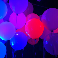 Colorful glow in a dark party balloons in a retro themed party. 