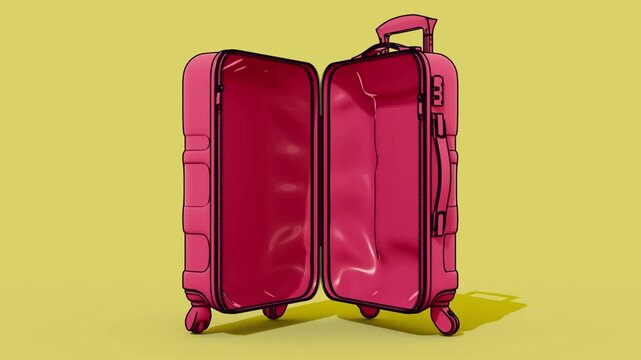 A cartoon illustration of a regular red plastic travel luggage suitcase with a zipper handles and a combination lock opening up on an isolated yellow background - 3D render