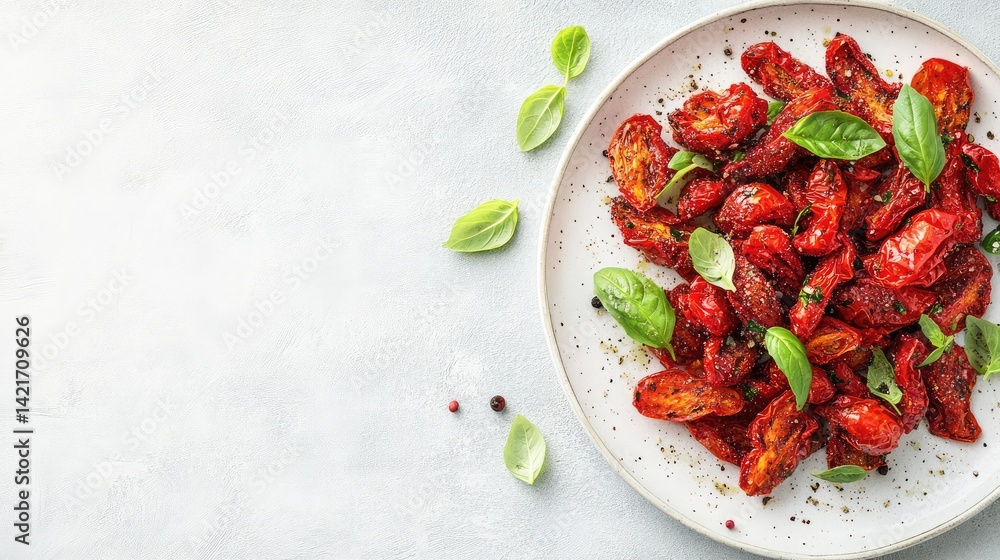Poster a close-up of crispy tomato snacks arranged neatly on a clean plate with open space for branding or 