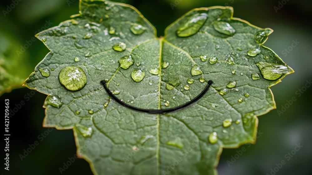 Poster a close-up of dewdrops on a green leaf arranged in a subtle smile shape, symbolizing freshness and j