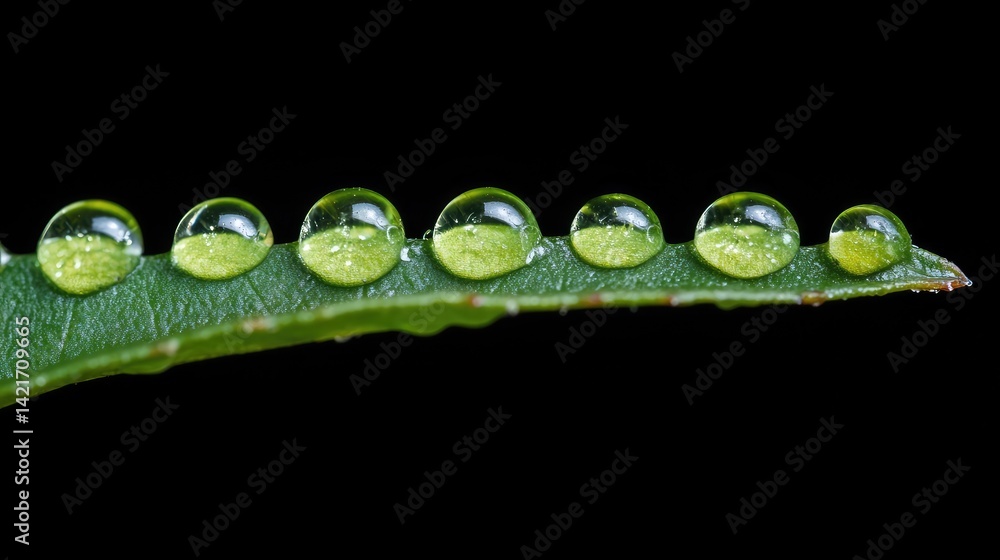 Poster a close-up of dewdrops on a green leaf arranged in a subtle smile shape, symbolizing freshness and j