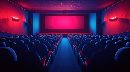 Empty Cinema Hall: Neon Lights and Big Screen