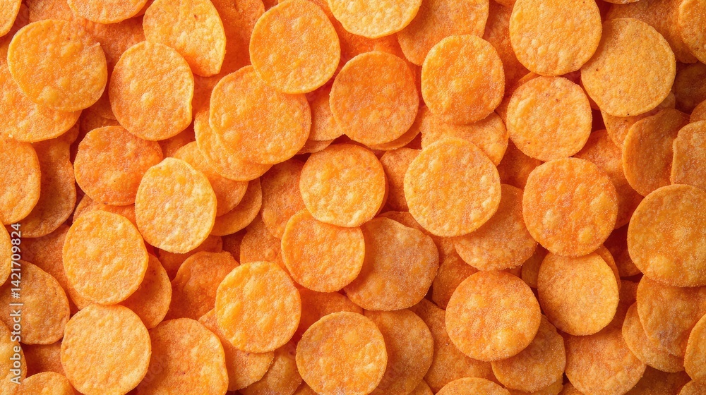 Poster a close-up of tomato-flavored corn chips arranged in a neat pattern on a light-colored surface with 