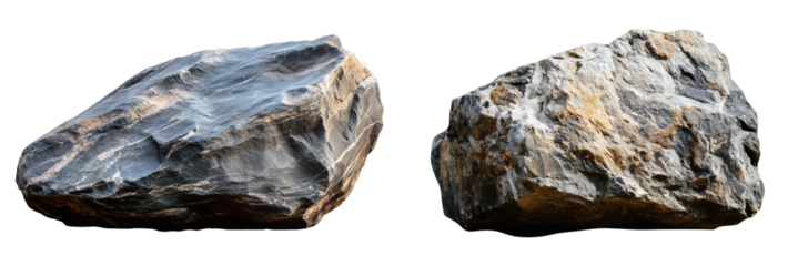 Pair of contrasting rocks showcasing textures and striations on transparent background